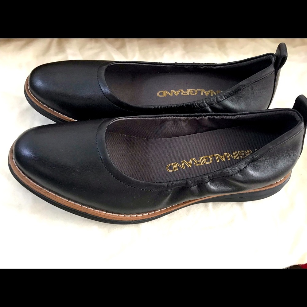 Cole Haan Black Leather Slip-On Flats with Brown Trim